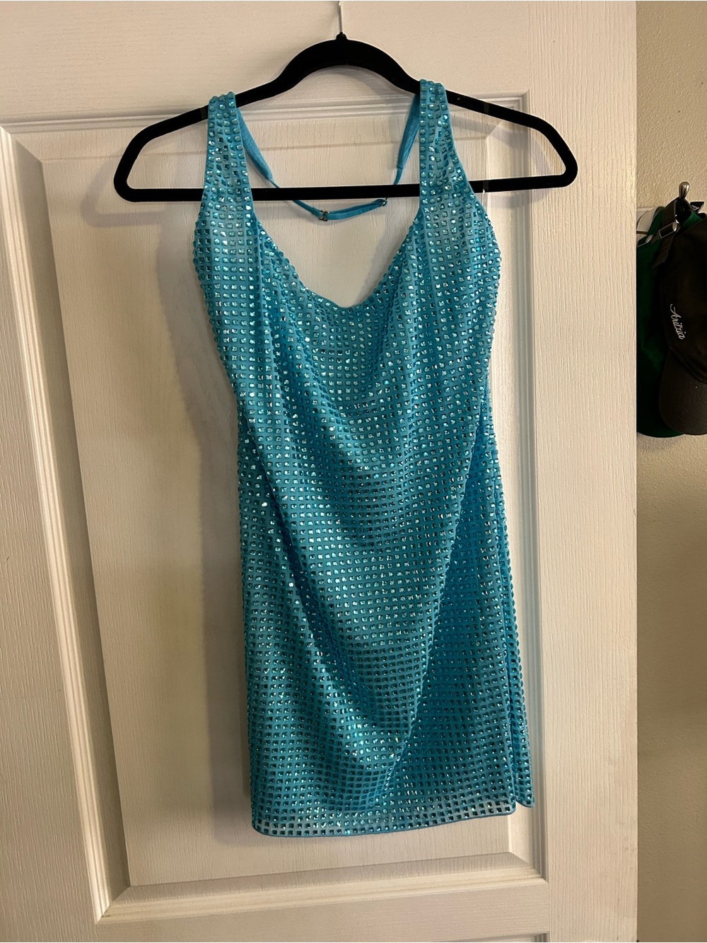 Oh Polly Embellished Halterneck Mini Dress in Aqua Blue - Picture 2 of 6
